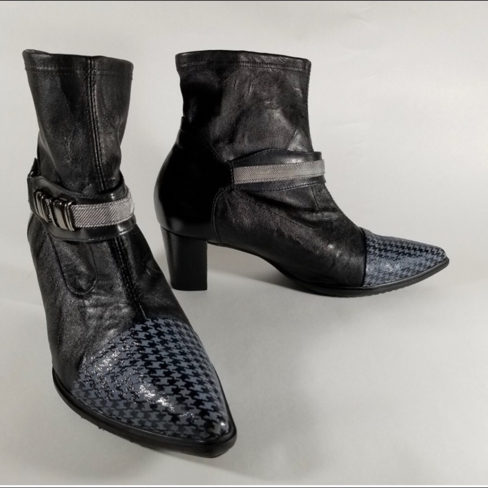 France Mode Black Leather Houndstooth Ankle Boots